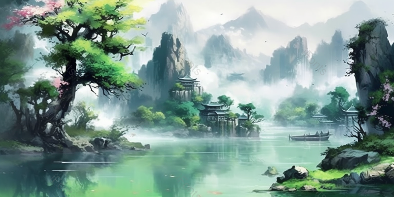 古风山水场景青山绿水云雾环绕平静的湖泊自然风景背景插画,插画/手绘图,插画/手绘图库,插画/手绘图下载,插画/手绘